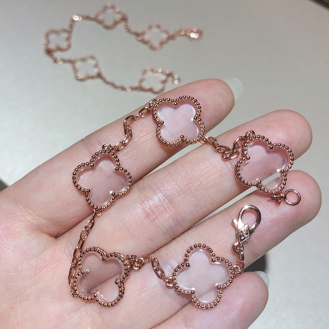 [basloveJW]CLOVER 5 MOTIF ROCK CRYSTAL PINK GOLD BRACELET