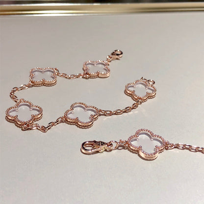 [basloveJW]CLOVER 5 MOTIF ROCK CRYSTAL PINK GOLD BRACELET