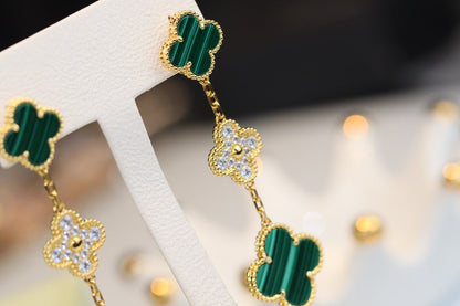 [basloveJW]CLOVER EARRINGS GOLD MALACHITE DIAMOND 3 MOTIF