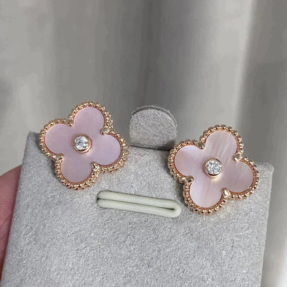 [basloveJW]CLOVER MEDIUM 1 MOTIFS  PINK MOP DIAMOND EARRINGS