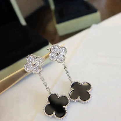 [basloveJW]CLOVER 2 MOTIFS  DIAMOND ONYX EARRINGS SILVER