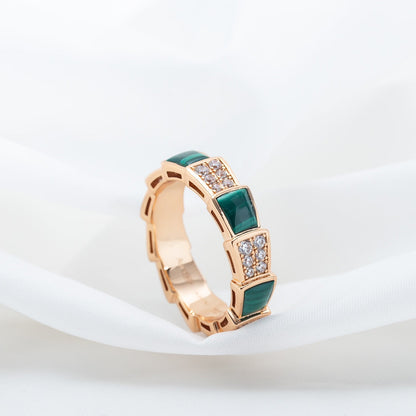 [Basjewels]SERPENTI RING PINK GOLD MALACHITE DIAMOND PAVED 4MM