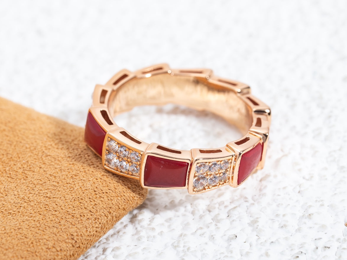 [Basjewels]SERPENTI RING PINK GOLD CARNELIAN DIAMOND PAVED 4MM