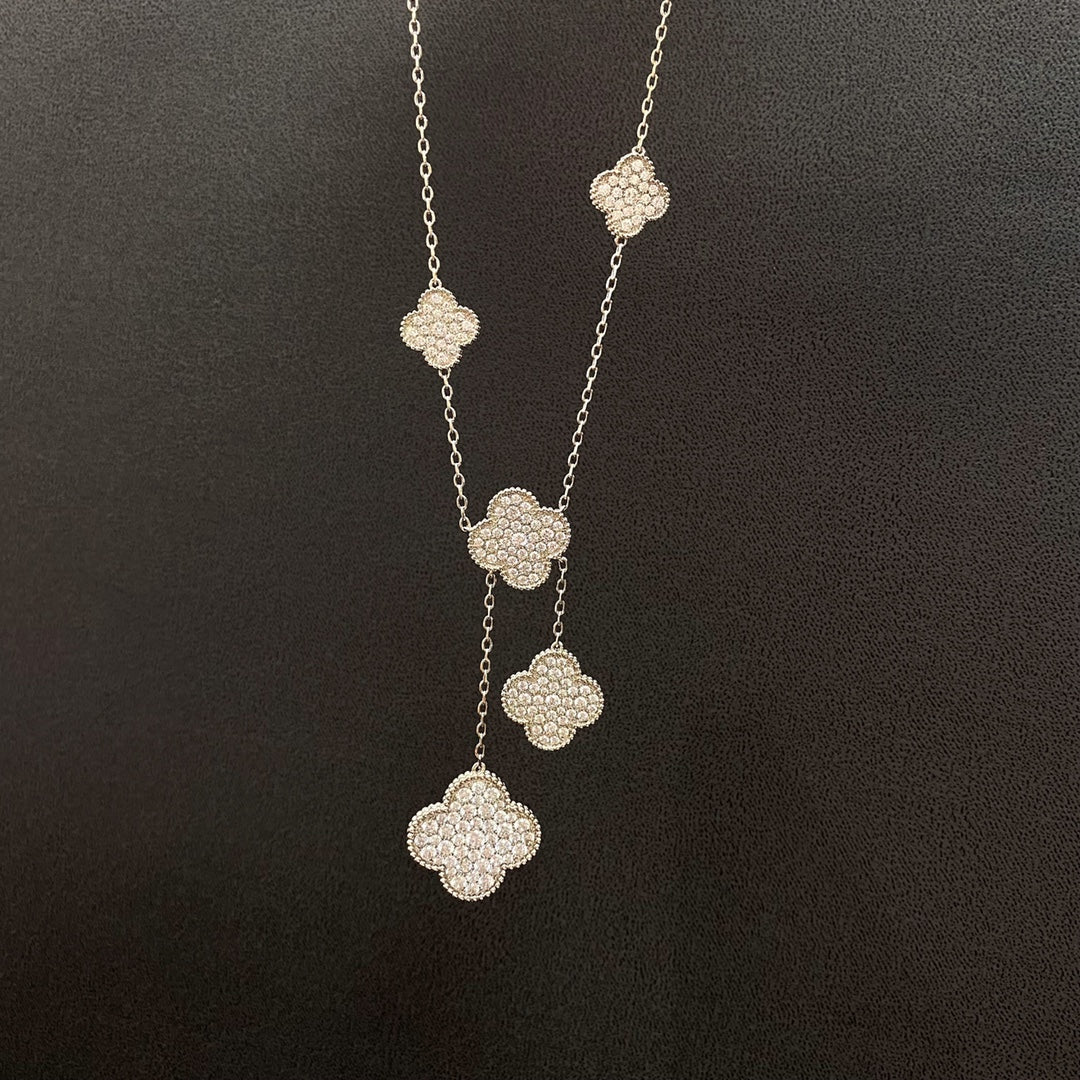 [basloveJW]CLOVER 5 MOTIFS SILVER DIAMONDS NECKLACE