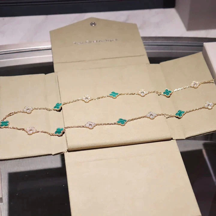 [basloveJW]CLOVER 20 MOTIFS MALACHITE DIAMOND NECKLACE