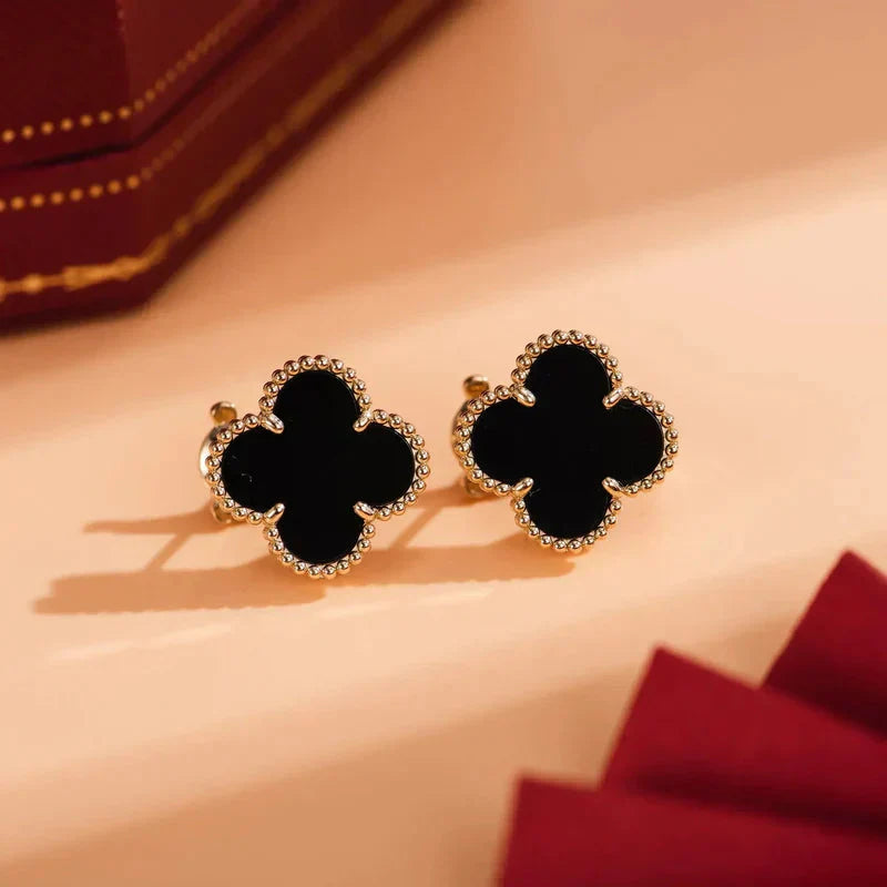 [basloveJW]CLOVER MEDIUM 1 MOTIFS  ONYX STUD EARRINGS