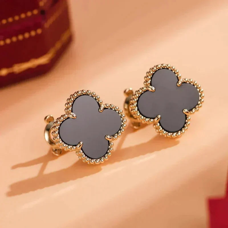 [basloveJW]CLOVER MEDIUM 1 MOTIFS  ONYX STUD EARRINGS