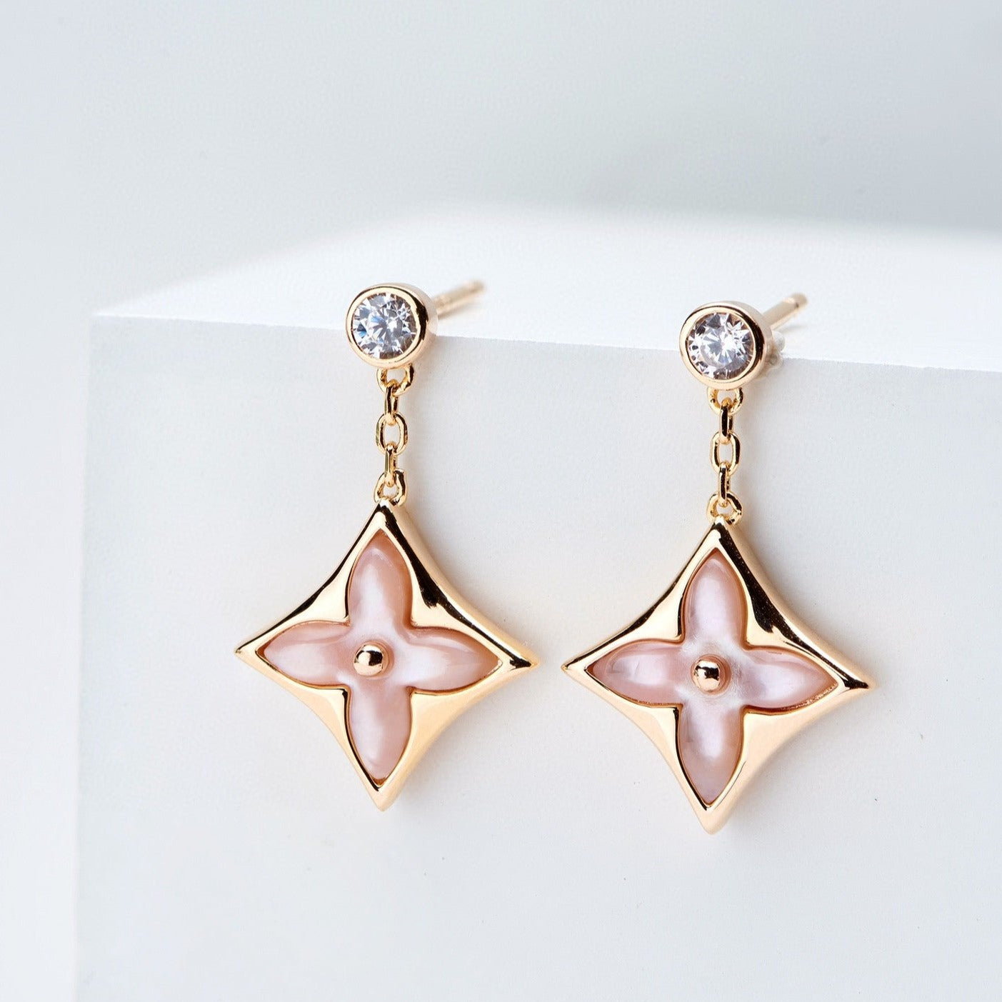 [Basjewels]DOUBLE STAR PINK GOLD MOP DROP EARRINGS