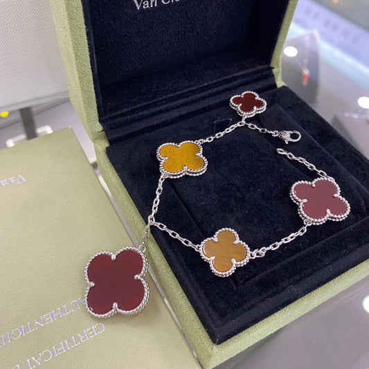 [basloveJW]CLOVER 5 MOTIFS SIVLER CARNELIAN TIGER EYE BRACELET