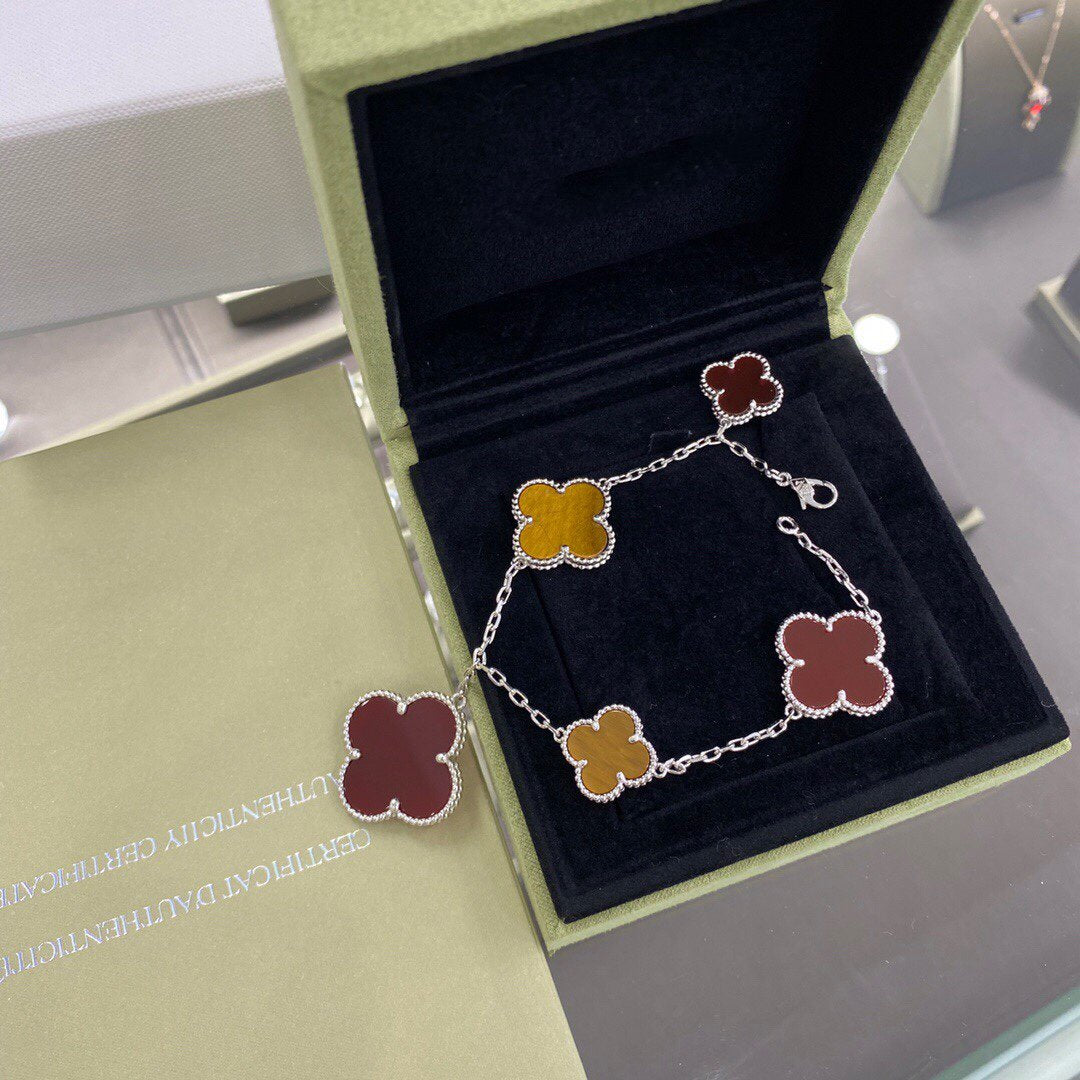 [basloveJW]CLOVER 5 MOTIFS SIVLER CARNELIAN TIGER EYE BRACELET