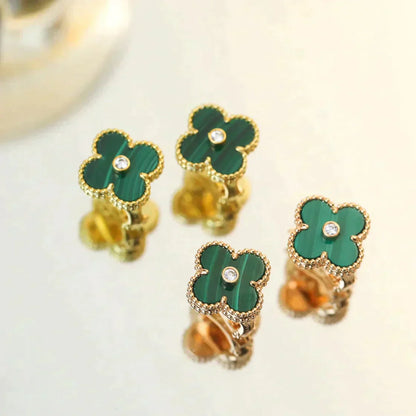 [basloveJW]CLOVER MEDIUM 1 MOTIFS MALACHITE DIAMOND EARRINGS