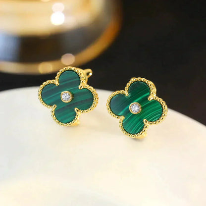 [basloveJW]CLOVER MEDIUM 1 MOTIFS MALACHITE DIAMOND EARRINGS