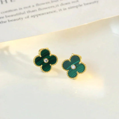 [basloveJW]CLOVER MEDIUM 1 MOTIFS MALACHITE DIAMOND EARRINGS