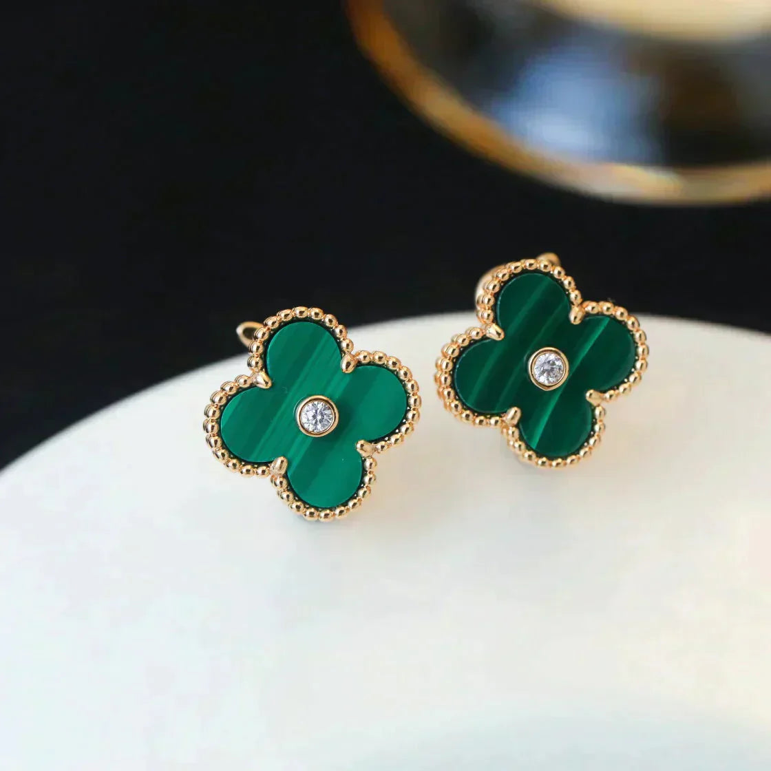 [basloveJW]CLOVER MEDIUM 1 MOTIFS MALACHITE DIAMOND EARRINGS