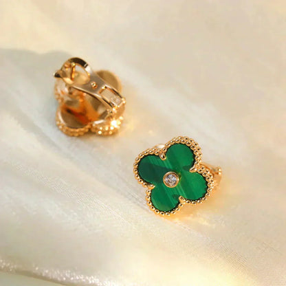 [basloveJW]CLOVER MEDIUM 1 MOTIFS MALACHITE DIAMOND EARRINGS