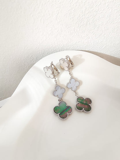 [basloveJW]CLOVER 3 MOTIFS CHALCEDONY DARK MOP SILVER EARRINGS