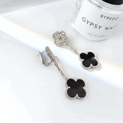 [basloveJW]CLOVER 2 MOTIFS  DIAMOND ONYX EARRINGS SILVER