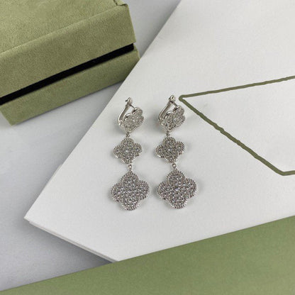 [basloveJW]CLOVER 3 MOTIF DIAMOND SILVER DROP EARRINGS