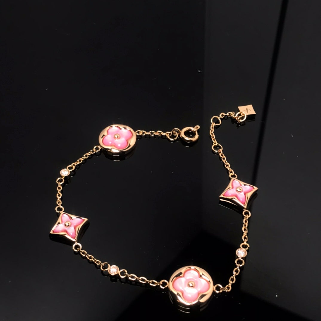 [Basjewels]STAR AND SUN 4 MOTIF PINK MOP PINK GOLD BRACELET