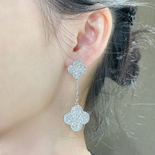 [basloveJW]CLOVER 2 MOTIFS DIAMOND PAVED SILVER EARRINGS