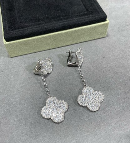 [basloveJW]CLOVER 2 MOTIFS DIAMOND PAVED SILVER EARRINGS