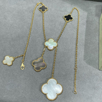 [basloveJW]CLOVER 6 MOTIF MOP ONYX GOLD NECKLACE