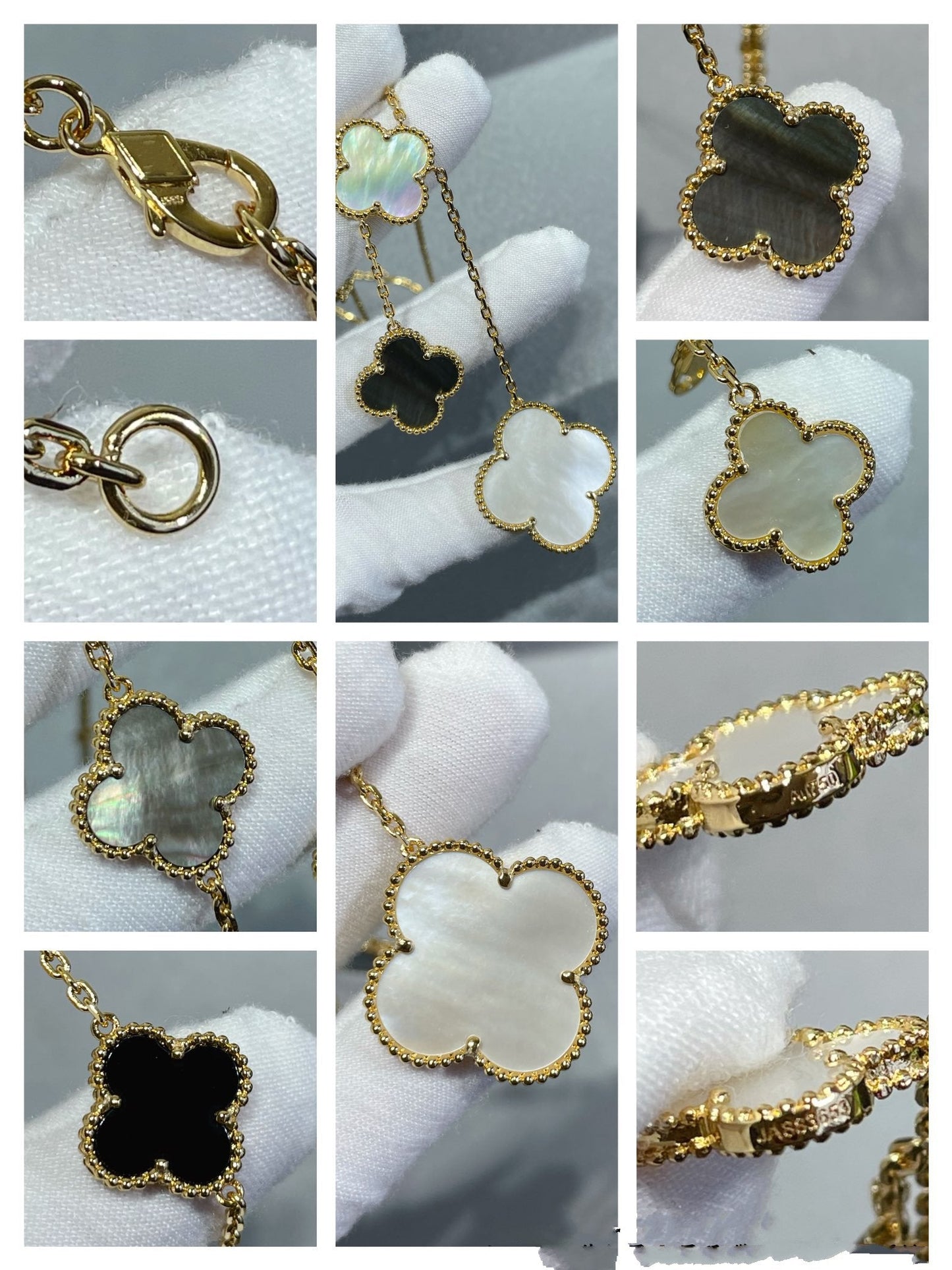 [basloveJW]CLOVER 6 MOTIF MOP ONYX GOLD NECKLACE