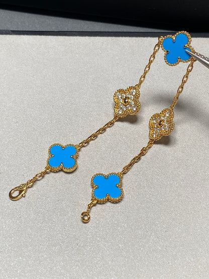 [basloveJW]CLOVER 5 MOTIF BLUE CHALCEDONY DIAMOND GOLD BRACELET