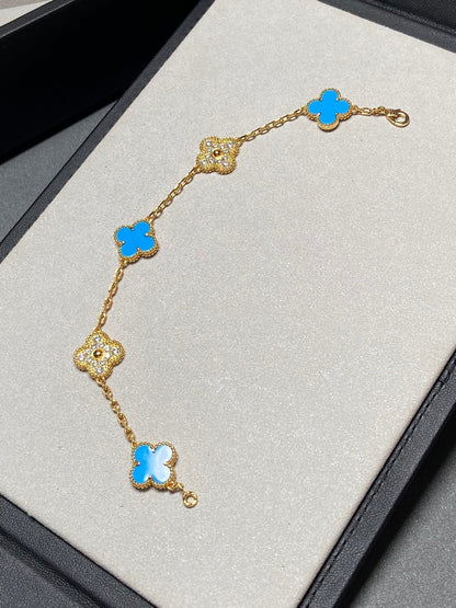 [basloveJW]CLOVER 5 MOTIF BLUE CHALCEDONY DIAMOND GOLD BRACELET