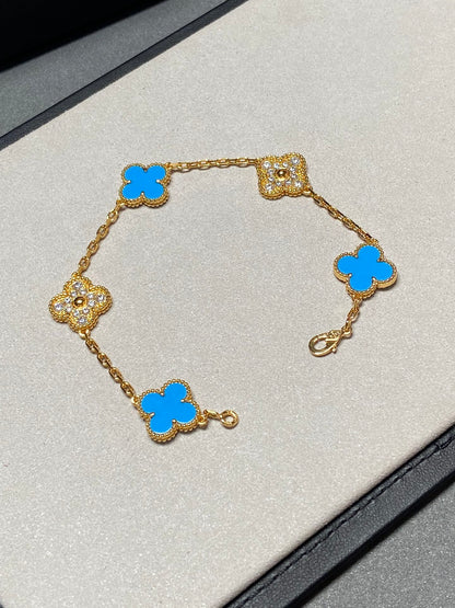 [basloveJW]CLOVER 5 MOTIF BLUE CHALCEDONY DIAMOND GOLD BRACELET