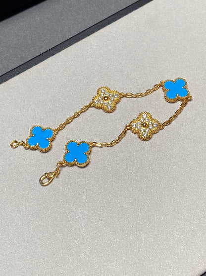 [basloveJW]CLOVER 5 MOTIF BLUE CHALCEDONY DIAMOND GOLD BRACELET