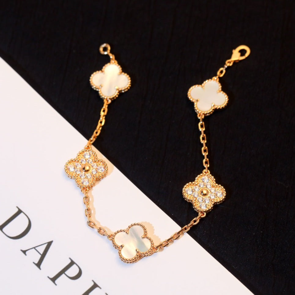 [basloveJW]CLOVER BRACELET 5 MOTIF WHITE MOP DIAMOND