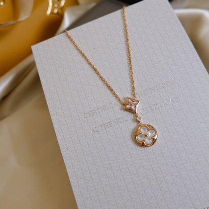 [Basjewels]STAR AND SUN WHITE MOP 2 MOTIF PINK GOLD NECKLACE