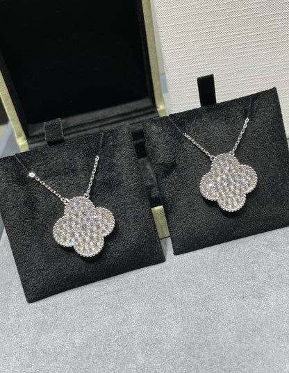 [basloveJW]CLOVER 25MM LARGE PENDANT DIAMOND PAVED SILVER NECKLACE