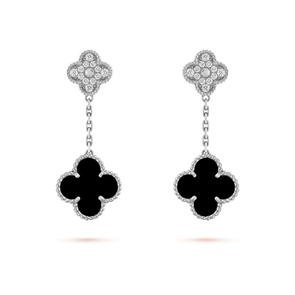 [basloveJW]CLOVER 2 MOTIFS  DIAMOND ONYX EARRINGS SILVER