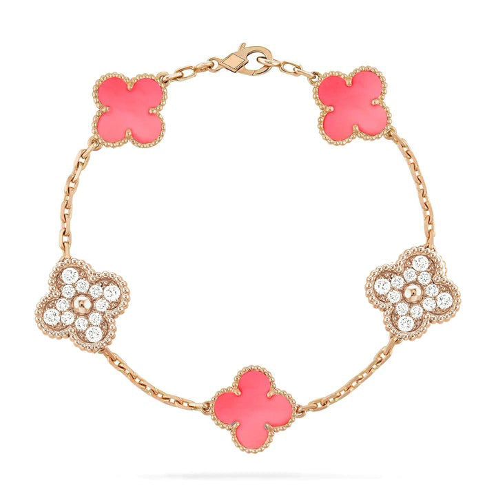 [basloveJW]CLOVER 5 MOTIF DIAMOND PINK MOP PINK GOLD BRACELET