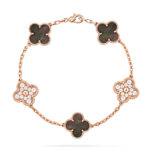 [basloveJW]CLOVER 5 MOTIFS DARK MOP AND DIAMONDS PINK GOLD BRACELET