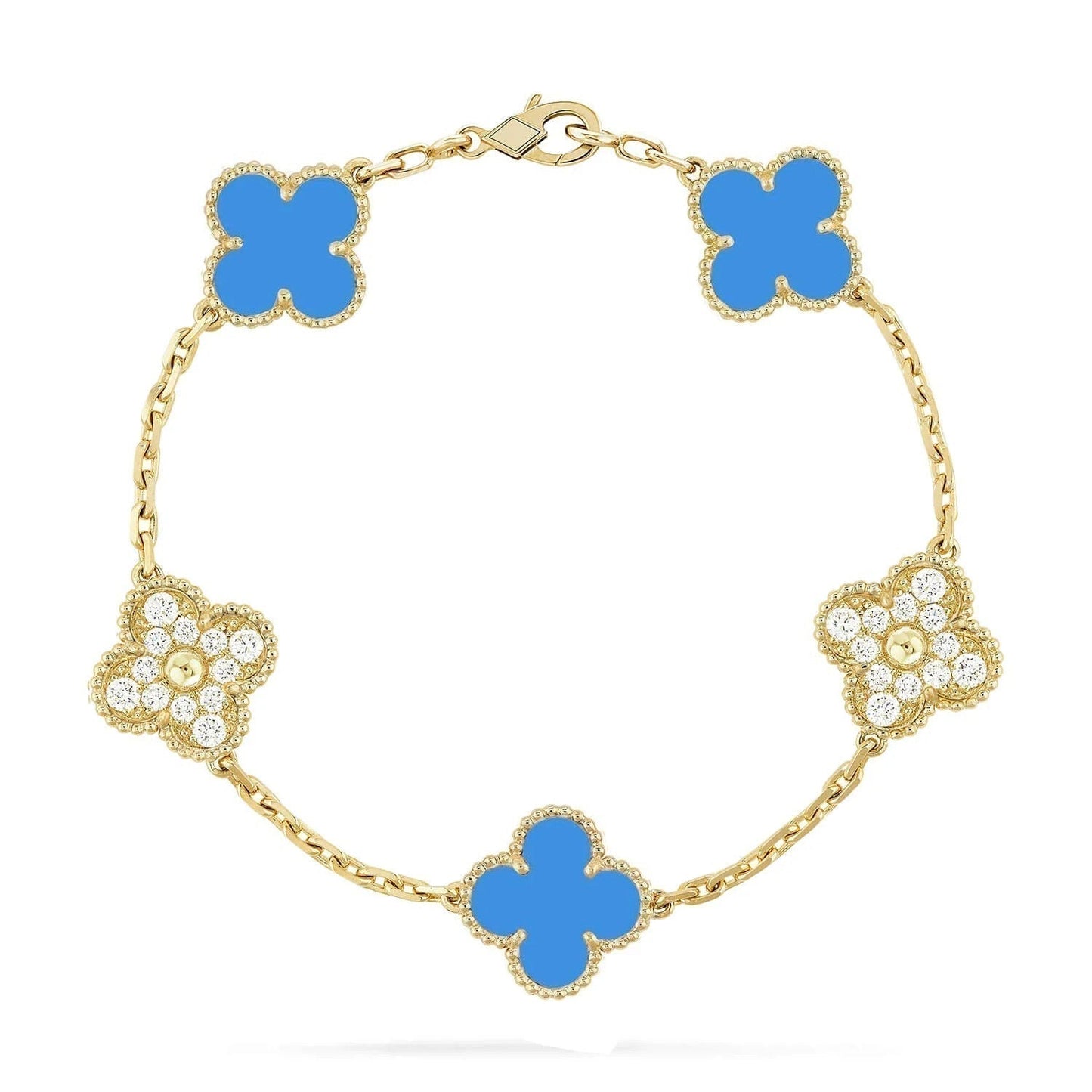 [basloveJW]CLOVER 5 MOTIF BLUE CHALCEDONY DIAMOND GOLD BRACELET