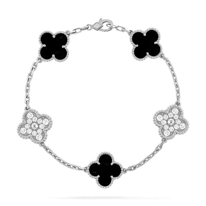 [basloveJW]CLOVER 5 MOTIF ONYXS DIAMOND BRACELET SILVER