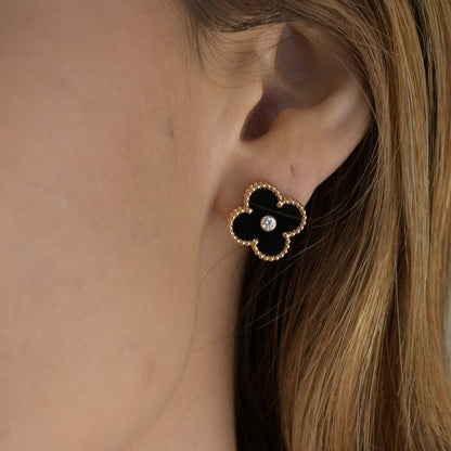 [basloveJW]CLOVER MEDIUM 1 MOTIFS ONYX DIAMOND EARRINGS