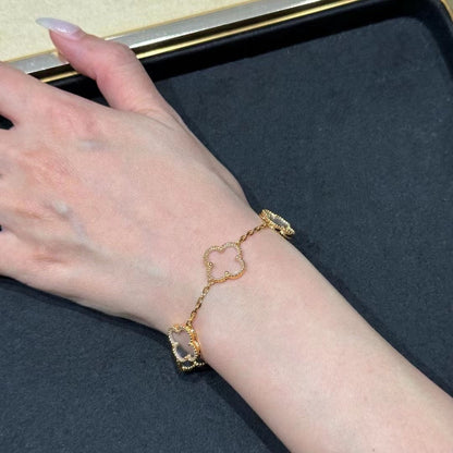 [basloveJW]CLOVER 5 MOTIF ROCK CRYSTAL PINK GOLD BRACELET