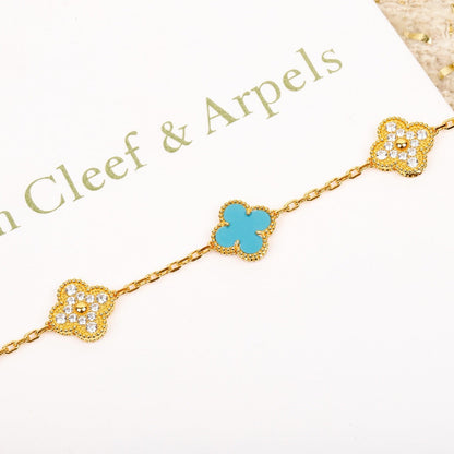 [basloveJW]CLOVER 5 MOTIF TURQUOISE DIAMOND GOLD BRACELET