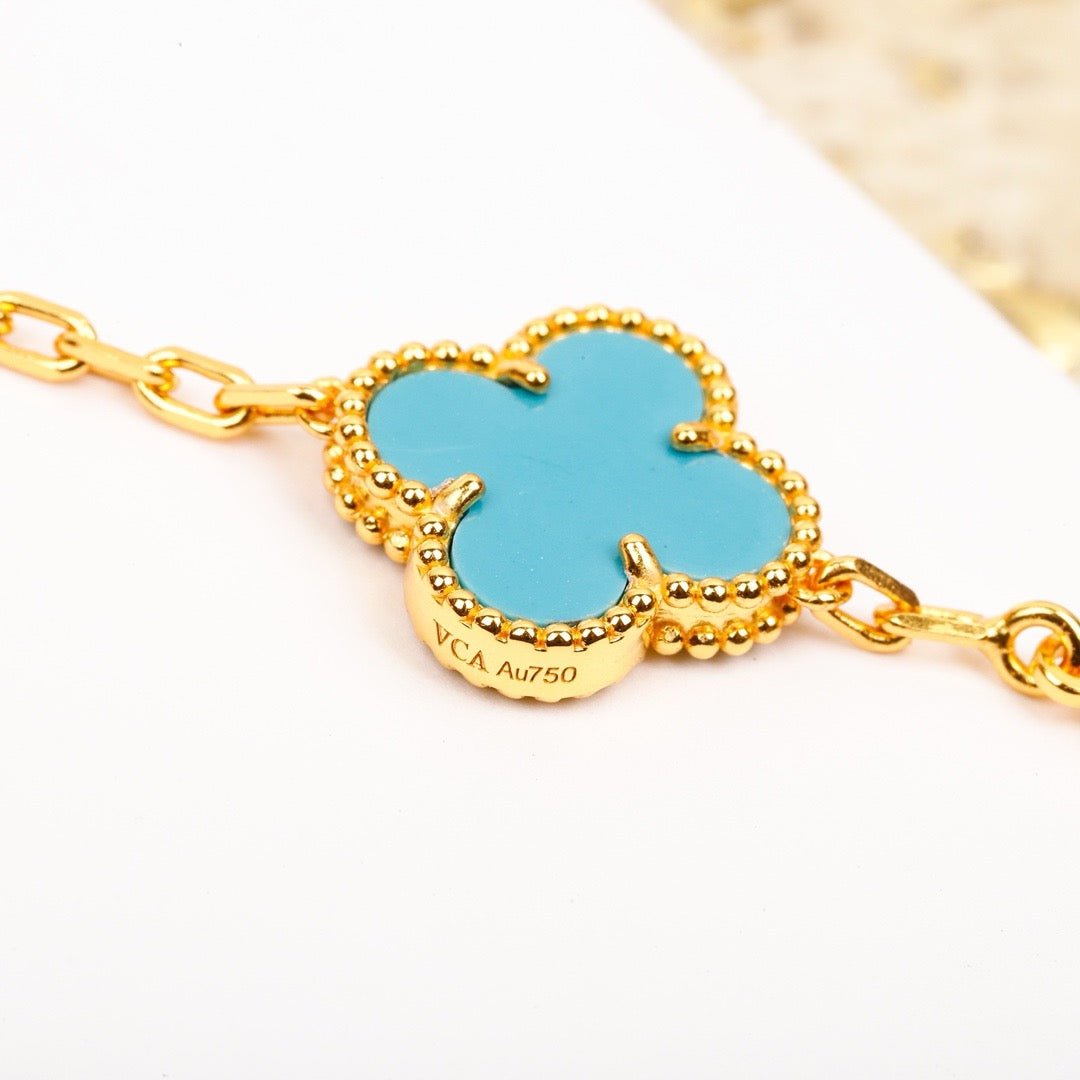 [basloveJW]CLOVER 5 MOTIF TURQUOISE DIAMOND GOLD BRACELET