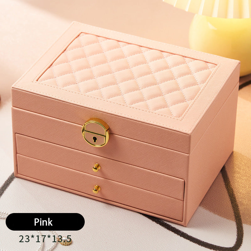 RHOMBUS PATTERN THREE-LAYER JEWELRY BOX WITH LOCK