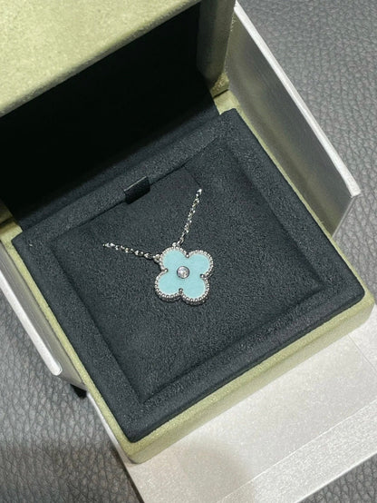 [basloveJW]CLOVER 1 DIAMOND LIGHT BLUE SILVER NECKLACE