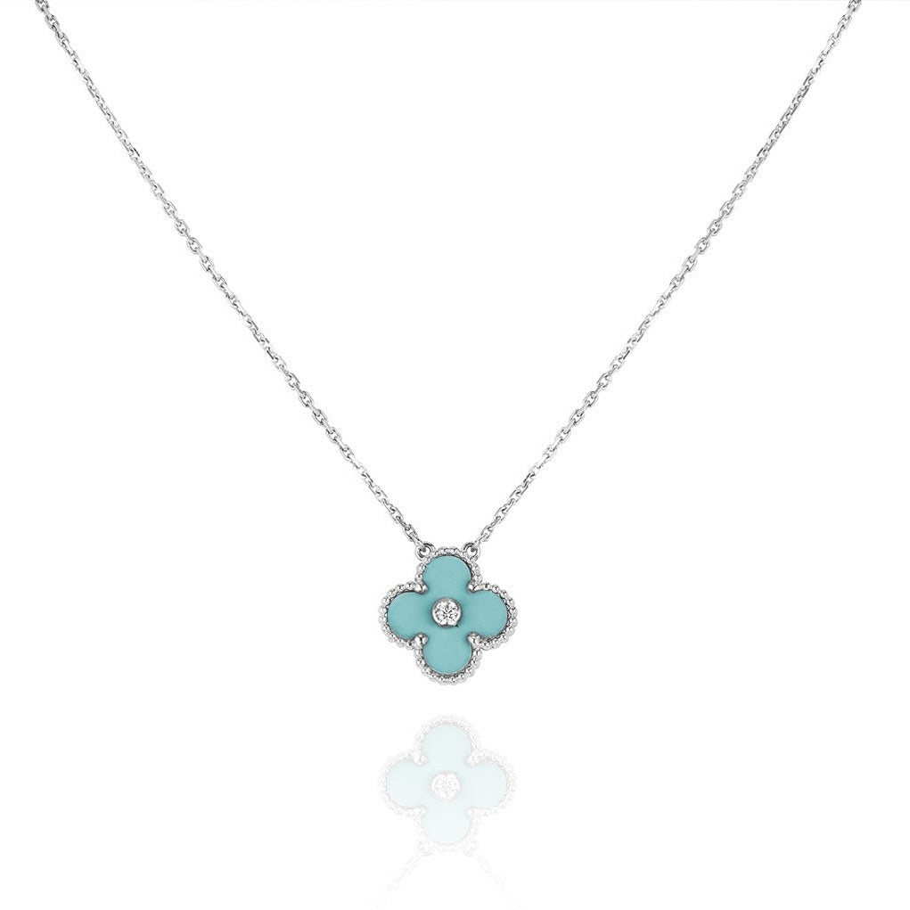 [basloveJW]CLOVER 1 DIAMOND LIGHT BLUE SILVER NECKLACE