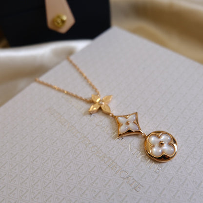 [Basjewels]COLOR BLOSSOM LARIAT NECKLACE PINK GOLD WHITE MOTHER PEARL AND DIAMOND