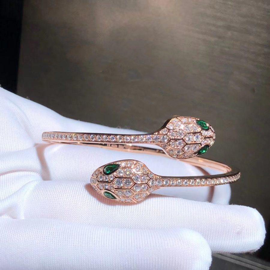 [Basjewels]SERPENTI BRACELET PINK GOLD MALACHITE DIAMOND DOUBLE SNAKE