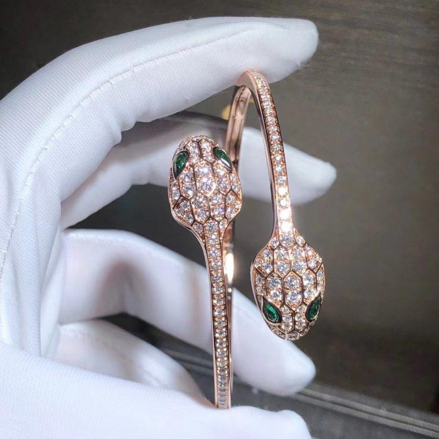 [Basjewels]SERPENTI BRACELET PINK GOLD MALACHITE DIAMOND DOUBLE SNAKE