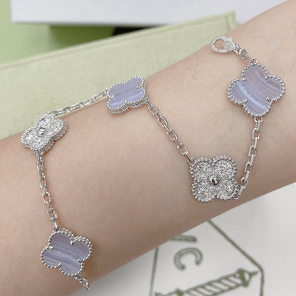 [basloveJW]CLOVER  5 MOTIF DIAMOND PURPLE CHALCEDONY BRACELET SILVER